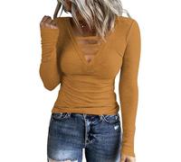 Poetsky Women's Casual V Neck Criss Cross Shirts Long Sleeve Tunic Tops Ribbed Knit Slim Fitted Tee, Caramel, S