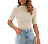 Poetsky Women's Fall Long Sleeve Tops Lightweight Turtleneck Sweater Ribbed Fitted Basic Shirts, Short Sleeve-almond, M