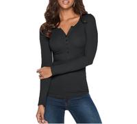 Poetsky Women's Henley Shirts Long Sleeve V Neck Layering Tops Rib Thermal Fitted Underscrub Tshirt, Black, S