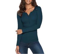 Poetsky Women's Henley Shirts Long Sleeve V Neck Layering Tops Rib Thermal Fitted Underscrub Tshirt, Dark Blue, M