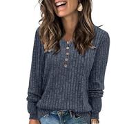 Poetsky Womens Lightweight Ribbed Knit Sweaters Long Sleeve Henley Shirts Loose Tunic Tops, Blue, XXL