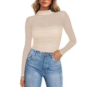 Poetsky Women's Sexy Sheer Long Sleeve Tops Mock Turtle Neck Mesh Ruched Fall Trendy Going Out Shirt Fitted Blouse 2025, Apricot, XXL