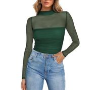 Poetsky Women's Sexy Sheer Long Sleeve Tops Mock Turtle Neck Mesh Ruched Fall Trendy Going Out Shirt Fitted Blouse 2025, Green, L