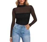 Poetsky Women's Sexy Sheer Long Sleeve Tops Mock Turtle Neck Mesh Ruched Fall Trendy Going Out Shirt Fitted Blouse 2025, Black, M