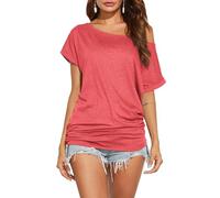 Poetsky Women's Summer Off Shoulder Shirts Casual Loose Short Sleeve Tunics Blouse Tops, Raspberry Red, M