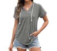 Poetsky Womens V Neck Long Short Sleeve Shirts Drawstring Hoodies Lightweight Pullover Tops, A-grey, XL