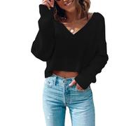 Poetsky Womens V Neck Waffle Knit Cropped Top Long Sleeve Pullover Sweater Casual Crop Shirts, Black, XL