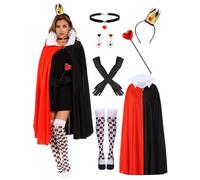 POEWAUVE Halloween Queen Costume Set Include Black Red Cape Black Gloves Queen Crown Wand Stockings Earrings and Red Heart Necklace for Women Halloween Costume Fancy Dress Up