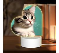 POEZJZW A Curious Cat Pattern Heart Shape Acrylic Night Light with USB Cable Adjustable 3 Colors for Restaurant Bar Cafe