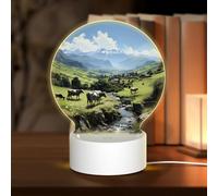 POEZJZW Alpine Farm Cows Pattern Round Acrylic Night Light with USB Cable Adjustable 3 Colors for Restaurant Bar Cafe
