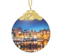 Poezjzw Amsterdam Night View Pattern Gold Metal Buckle Round Glass Ornaments Christmas Tree Hanging Home Decoration Gatherings Souvenirs