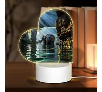 POEZJZW Asian Elephant in The Water Pattern Heart Shape Acrylic Night Light with USB Cable Adjustable 3 Colors for Restaurant Bar Cafe