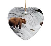 Poezjzw Bears Fishing In River Pattern Christmas Heart Shape Ceramic Ornaments Christmas Tree Hanging Home Decoration Gatherings Souvenirs