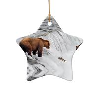 Poezjzw Bears Fishing In River Pattern Christmas Star Shape Ceramic Ornaments Christmas Tree Hanging Home Decoration Gatherings Souvenirs