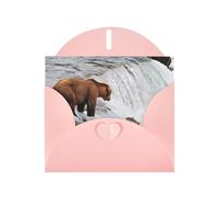 POEZJZW Bears Fishing In River Patterned Pearl Paper Blank Greeting Card Suitable For Birthday Wedding Party Invitation With Pink Envelope