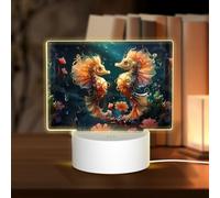 POEZJZW Beautiful Seahorse Couple Pattern Rectangle Acrylic Night Light with USB Cable Adjustable 3 Colors for Restaurant Bar Cafe