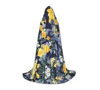 POEZJZW Blue Base Yellow Floral Pattern Men Women Cloak With Hood Adult Cape With Hood Renaissance Halloween Witch Costume Wizard Cloak S