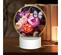 POEZJZW Butterflies and Fresh Bush Pattern Round Acrylic Night Light with USB Cable Adjustable 3 Colors for Restaurant Bar Cafe