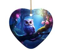 Poezjzw Cartoon Cute Owl Pattern Christmas Ceramic Heart Shape Pendant Decorations Suitable For Home Shopping Malls And Holiday Celebrations