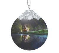 Poezjzw Chalet By The Lake Pattern Silver Metal Buckle Round Glass Ornaments Christmas Tree Hanging Home Decoration Gatherings Souvenirs