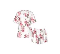 POEZJZW Cherry Blossom Pattern Women Short Pajama Set Ladies Short Sleeve Top Pyjama Shorts 2 Pcs T-Shirt & Shorts Loungewear Summer 3x-Large Black