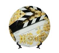 POEZJZW Cinema Clapboard and Popcorn Pattern Bone China Decorative Plate Dinner Plates Crafts Perfect Decoration for Home Office and Coffee Shop 7in