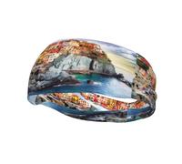 Poezjzw Cinque Terre Scenery Pattern Sports Headband Suitable For Running Yoga Elasticated Moisture Wicking Hairband