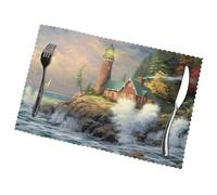 Poezjzw Coast Wave And Lighthouse Pattern Placemats Set Of 6 Non Slip Heat Resistant Polyester Table Mats Washable Place Mats For Dinner Party Table Decoration