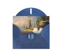 POEZJZW Coast Wave And Lighthouse Patterned Pearl Paper Blank Greeting Card Suitable For Birthday Wedding Party Invitation With Blue Envelope