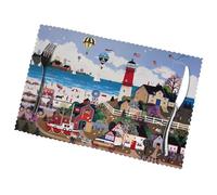 Poezjzw Coastal Lighthouse Pattern Placemats Set Of 6 Non Slip Heat Resistant Polyester Table Mats Washable Place Mats For Dinner Party Table Decoration