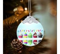 Poezjzw Colorful Happy Birthday Cupcakes Pattern Glass Round-Shaped Christmas Tree Ornaments, Family New Year Home Souvenirs For Gatherings Silver