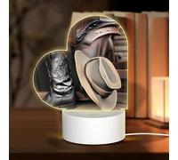 POEZJZW Cowboy Black Hat Western Boots Pattern Heart Shape Acrylic Night Light with USB Cable Adjustable 3 Colors for Restaurant Bar Cafe