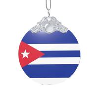 Poezjzw Cuban Flag Pattern Glass Christmas Ornament Round Hanging Pendant Gifts For Xmas Holidays Ornaments Home Decor Silver Metal Buckle