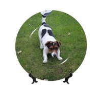 POEZJZW Dogs Playing On The Lawn Pattern Bone China Decorative Plate Dinner Plates Crafts Perfect Decoration for Home Office and Coffee Shop 8in