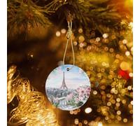 Poezjzw Eiffel Tower Paris View Pattern Ceramic Round-Shaped Christmas Tree Ornaments, Family New Year Home Souvenirs For Gatherings
