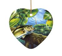 Poezjzw Fishing Bass Fish Pattern Christmas Heart Shape Ceramic Ornaments Christmas Tree Hanging Home Decoration Gatherings Souvenirs