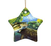 Poezjzw Fishing Bass Fish Pattern Christmas Star Shape Ceramic Ornaments Christmas Tree Hanging Home Decoration Gatherings Souvenirs
