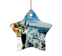 Poezjzw Fishing Reels On A Boat Pattern Ceramic Star Shape Christmas Tree Ornaments, Family New Year Home Souvenirs For Gatherings