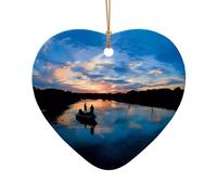 Poezjzw Fishing Scenic Pattern Christmas Heart Shape Ceramic Ornaments Christmas Tree Hanging Home Decoration Gatherings Souvenirs
