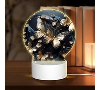 POEZJZW Gold White Butterflies Black Pattern Round Acrylic Night Light with USB Cable Adjustable 3 Colors for Restaurant Bar Cafe