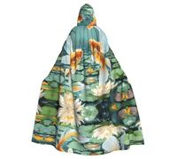 POEZJZW Goldfish And Lotus Pattern Full Length Hooded Robe Cloak Long Cape Halloween Cosplay Costume Hoodies Cape Unisex