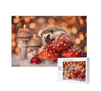 Poezjzw Hedgehog On Mushroom Puzzles For Adult 300 Pieces Wooden Jigsaw For Family Friend Home Decor Wall Art 15.7 X 11in