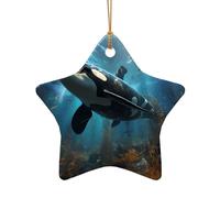 Poezjzw Huge Killer Whales Pattern Christmas Tree Star Shape Ceramic Ornament Hanging Decorations for Home Holiday Party Gift