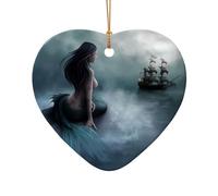 Poezjzw Mermaid Girl And Sailing On Sea Ship Pattern Ceramic Heart Shape Christmas Tree Ornaments, Family New Year Home Souvenirs For Gatherings