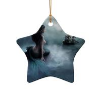 Poezjzw Mermaid Girl And Sailing On Sea Ship Pattern Ceramic Star Shape Christmas Tree Ornaments, Family New Year Home Souvenirs For Gatherings