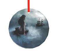 Poezjzw Mermaid Girl And Sailing On Sea Ship Pattern Glass Round-Shaped Christmas Tree Ornaments, Suitable For Christmas New Year Home For Gatherings Decorate