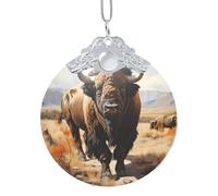 Poezjzw North American Bison Herd Pattern Glass Christmas Ornament Round Hanging Pendant Gifts For Xmas Holidays Ornaments Home Decor Silver Metal Buckle