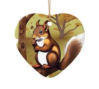 Poezjzw Nut-Eating Squirrel Pattern Ceramic Christmas Ornament Heart Shape Hanging Pendant Gifts For Xmas Holidays, Ornaments For Home Decor