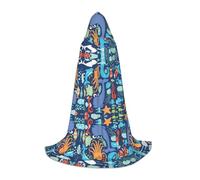POEZJZW Ocean Whale Fish Octopus Pattern Men Women Cloak With Hood Adult Cape With Hood Renaissance Halloween Witch Costume Wizard Cloak M