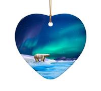 Poezjzw Polar Bears Northern Lights Pattern Ceramic Heart Shape Christmas Tree Ornaments, Family New Year Home Souvenirs For Gatherings